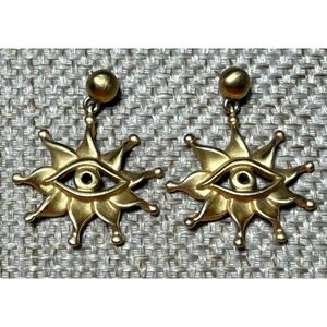 Vtg Anne Klein Evil Eye Earrings Celestial Sun Matte Gold Tone Dangle Rare